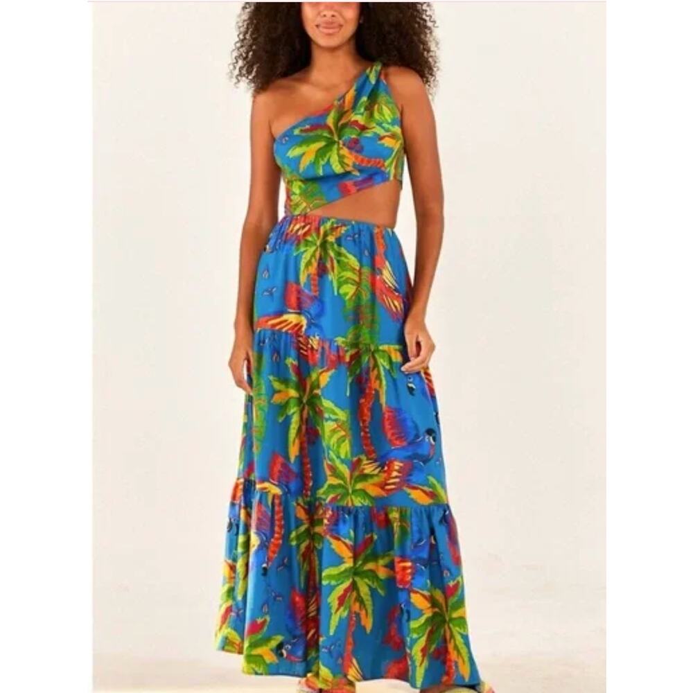 Farm Rio Sunny Day Maxi Dress One-Shoulder Cutout Tropical Linen Blend Size XL - Picture 4 of 14